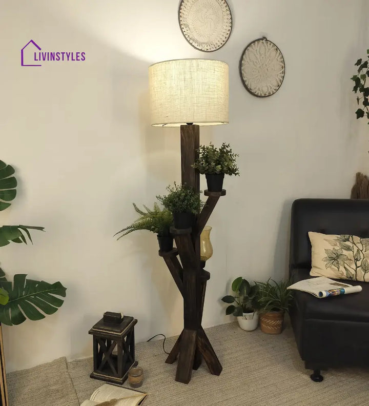 Woods Wooden Floor Lamp With Brown Base And Jute Fabric Lampshade Lamps
