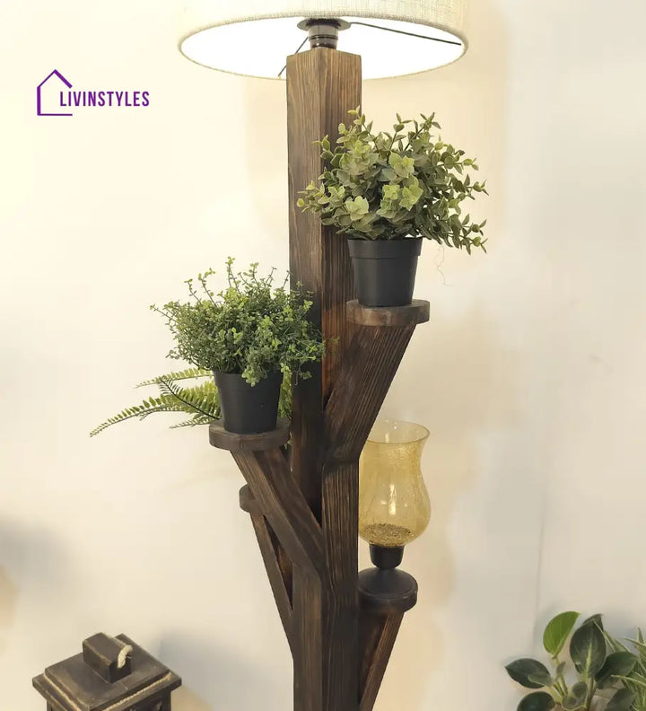 Woods Wooden Floor Lamp With Brown Base And Jute Fabric Lampshade Lamps