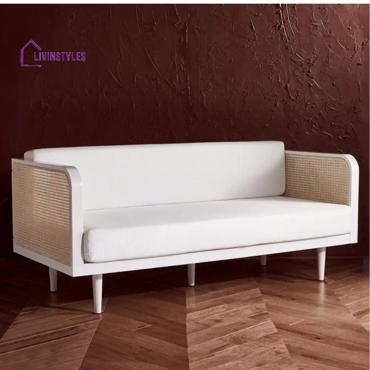 Xalina Solid Teak Wood & Rattan 3 Seater Sofa White