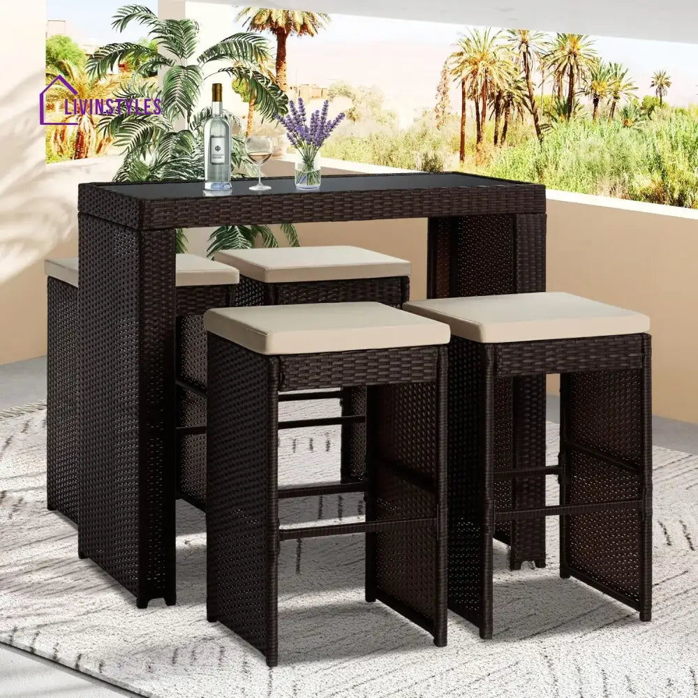 Xia 5-Piece Outdoor Rattan Wicker Bar Set with Glass Top Table - Bar Set