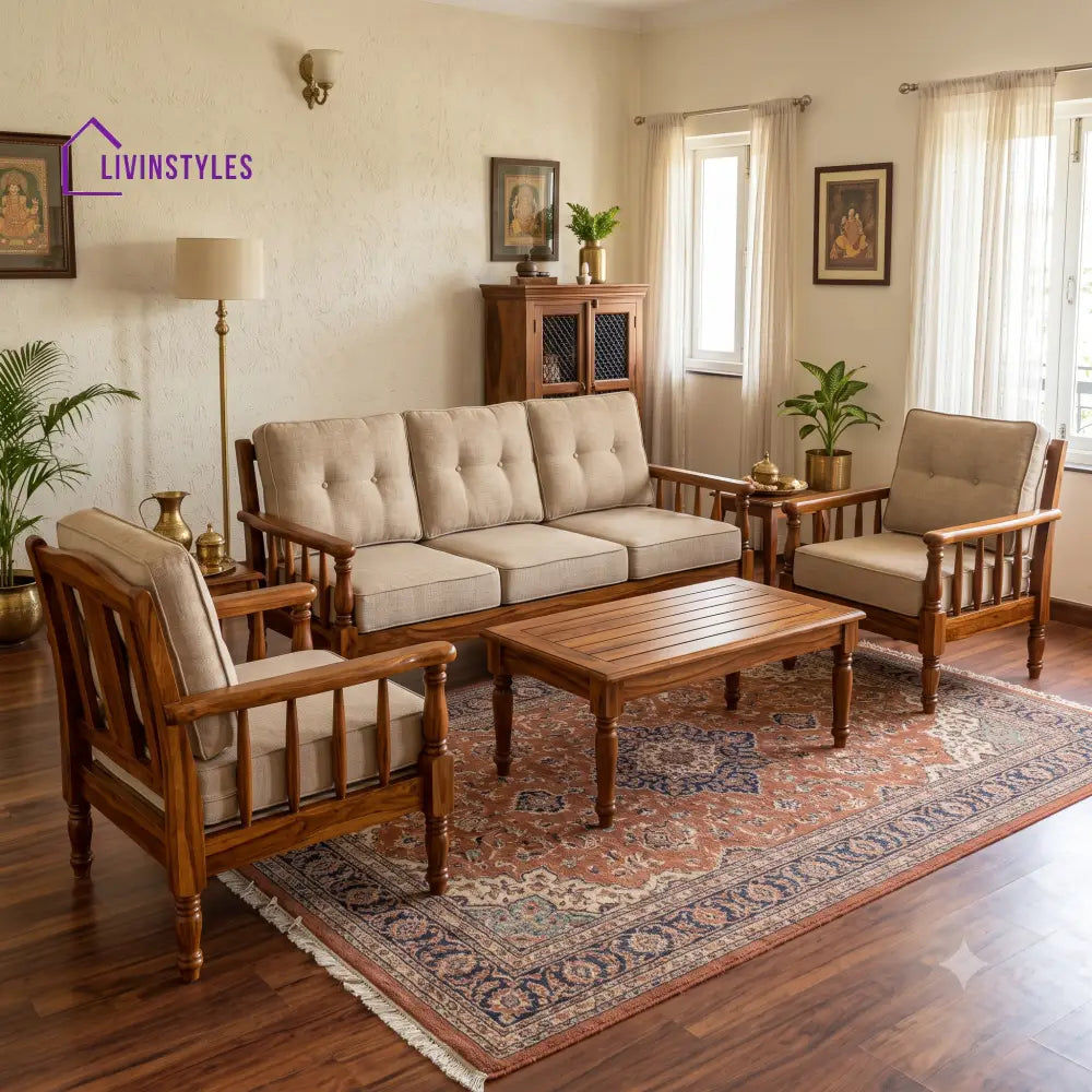 Yamini Wooden Sofa Set | 3 + 1 + 1 Sheesham Wood Sofa Set for Living Room