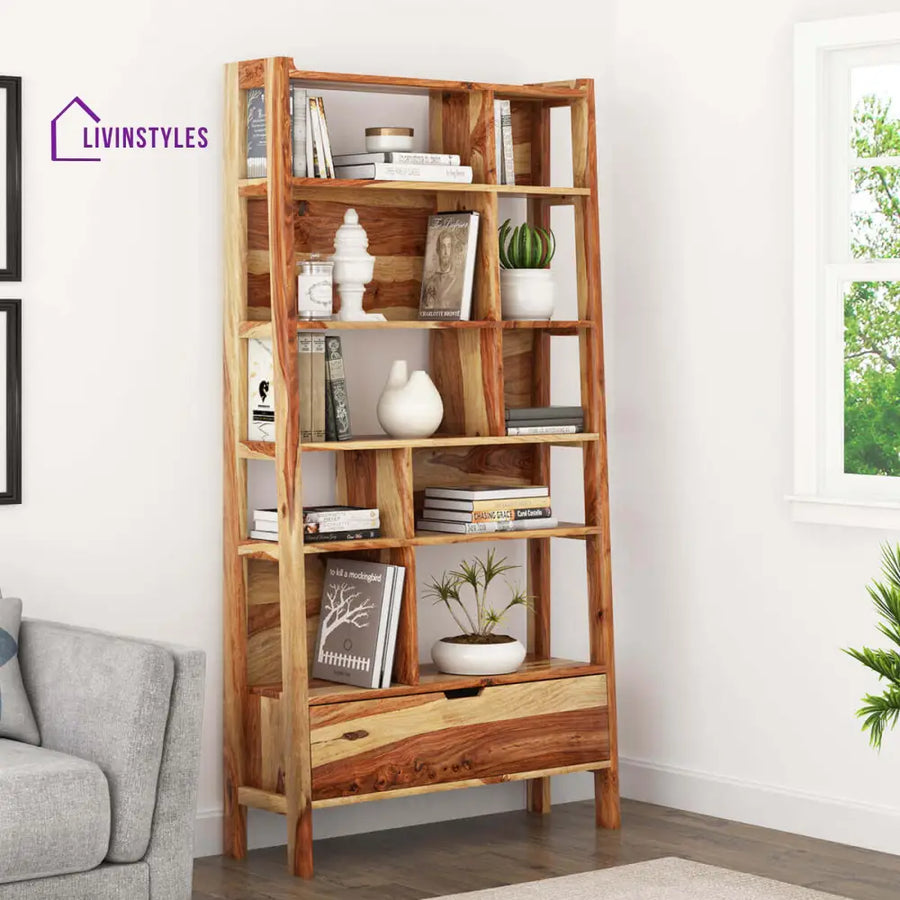 Nismaaya Admassu Solid Wood Open Shelf Leaning Ladder Bookcase with Drawer