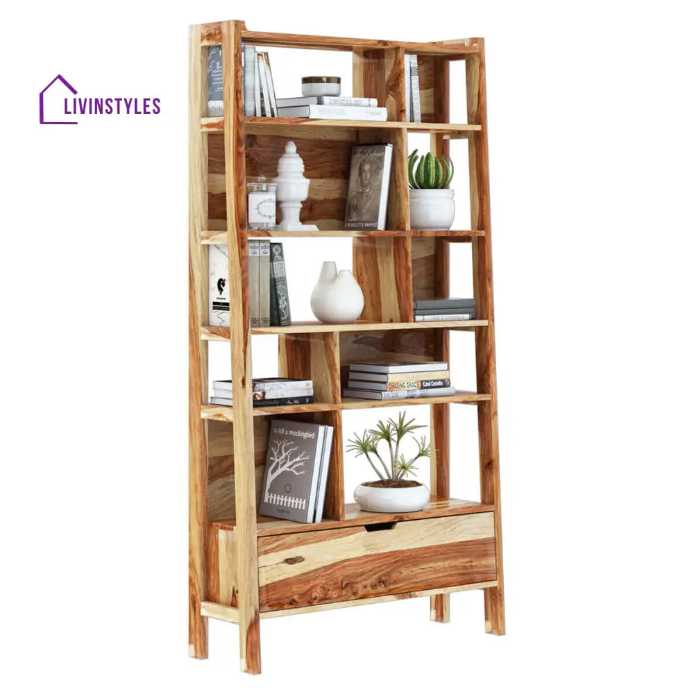 Nismaaya Admassu Solid Wood Open Shelf Leaning Ladder Bookcase with Drawer