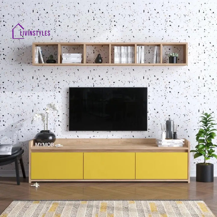 Yara Wall Mounted Wood and Yellow Finish Tv Unit Stand for Living Room