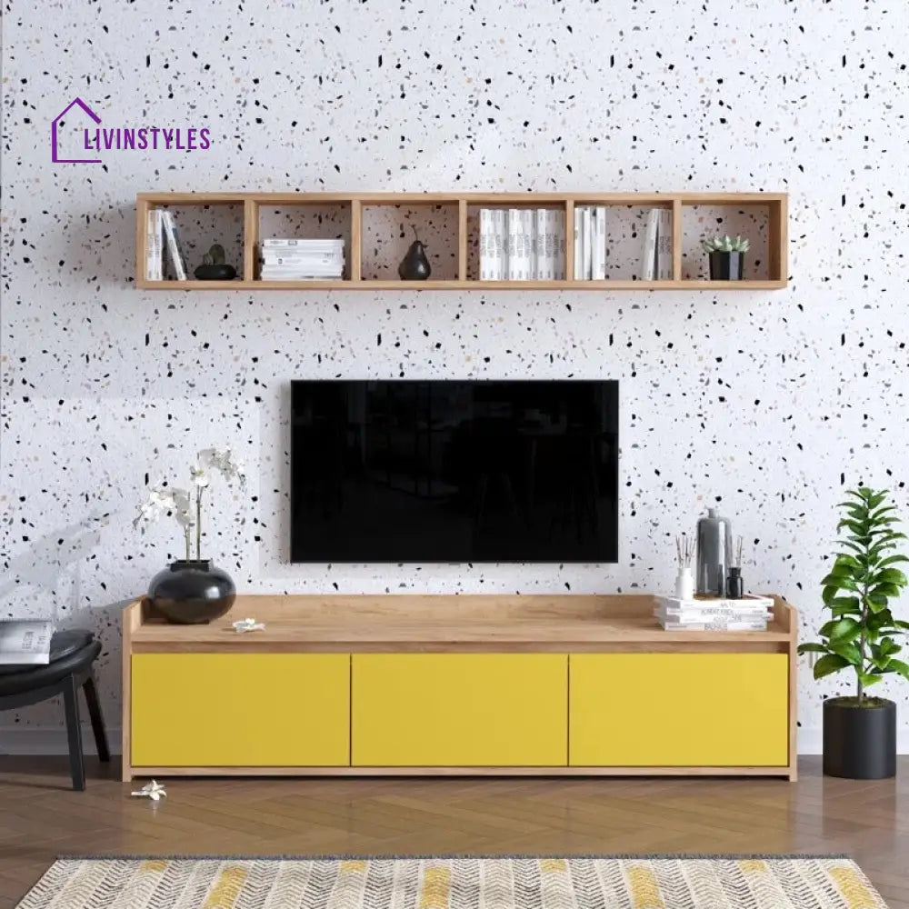 Yara Wall Mounted Wood and Yellow Finish Tv Unit Stand for Living Room