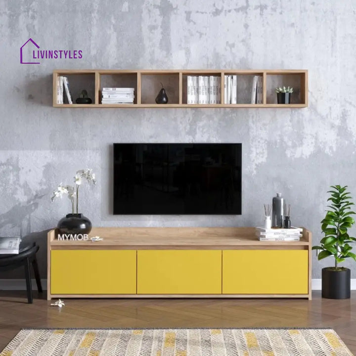 Yara Wall Mounted Wood and Yellow Finish Tv Unit Stand for Living Room