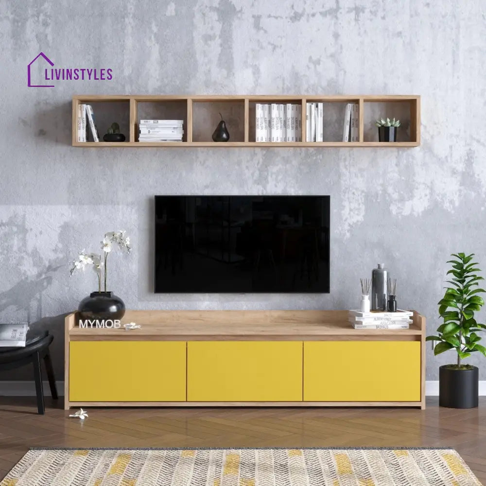 Yara Wall Mounted Wood and Yellow Finish Tv Unit Stand for Living Room