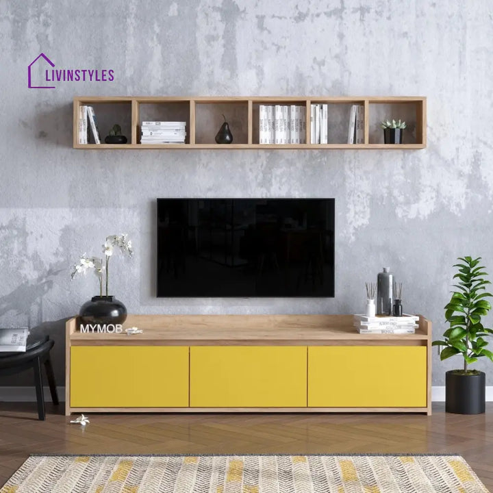 Yara Wall Mounted Wood and Yellow Finish Tv Unit Stand for Living Room
