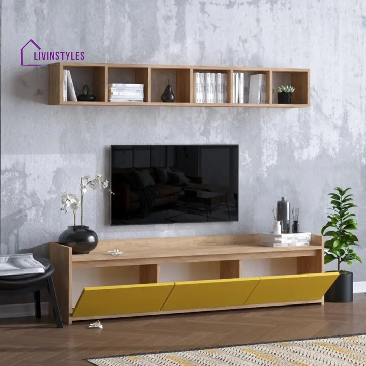 Yara Wall Mounted Wood and Yellow Finish Tv Unit Stand for Living Room