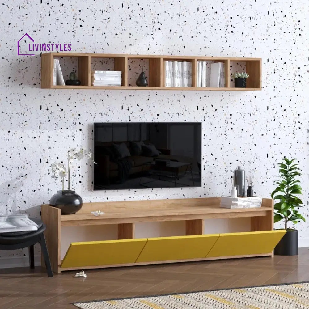 Yara Wall Mounted Wood and Yellow Finish Tv Unit Stand for Living Room