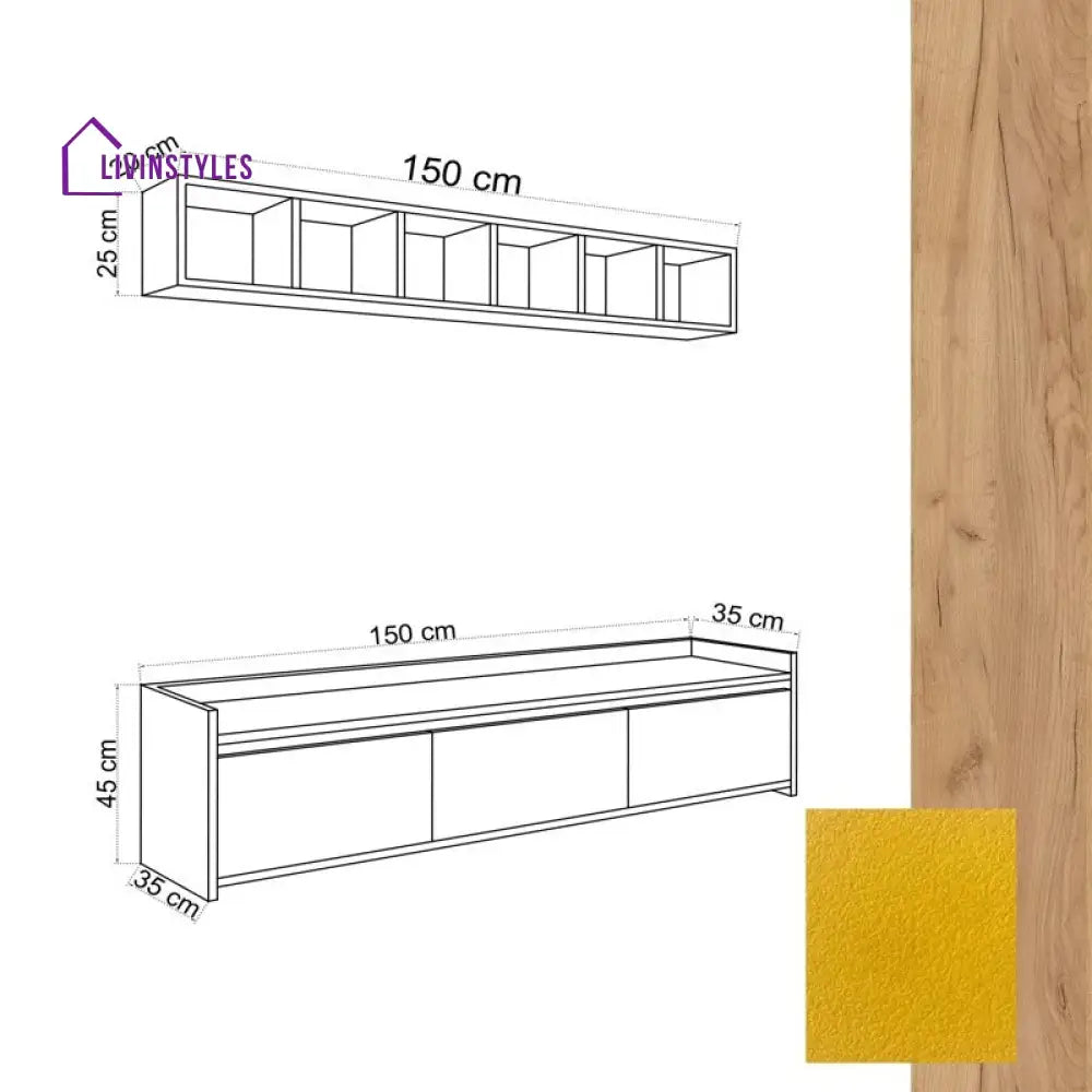 Yara Wall Mounted Wood and Yellow Finish Tv Unit Stand for Living Room