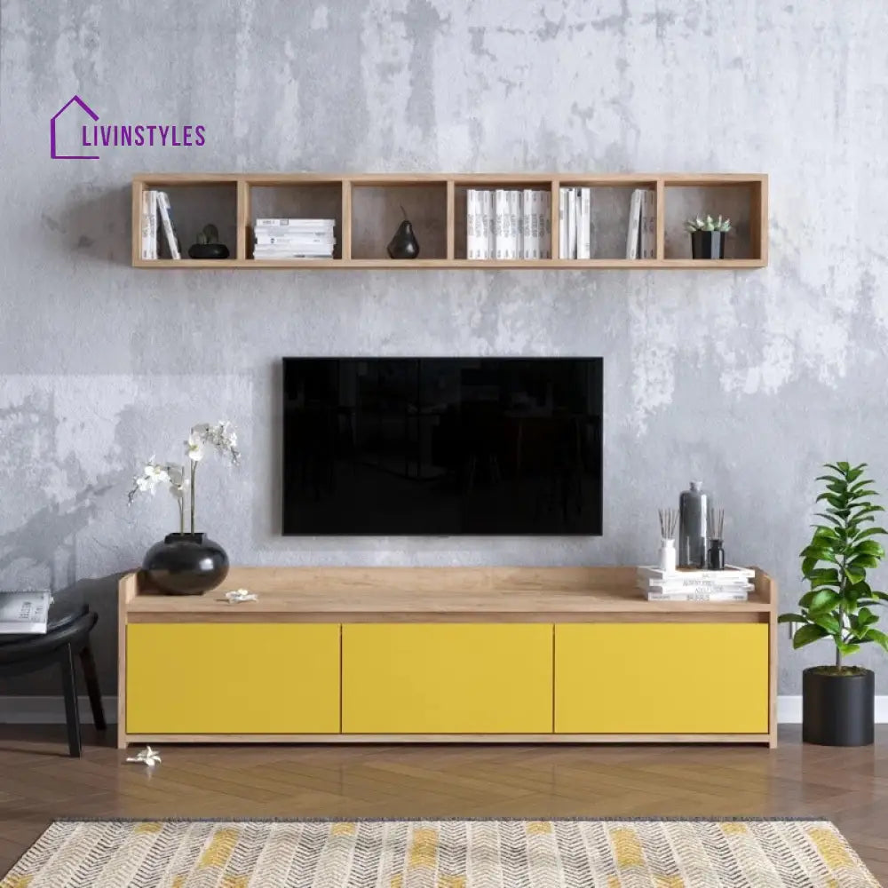 Yara Wall Mounted Wood and Yellow Finish Tv Unit Stand for Living Room