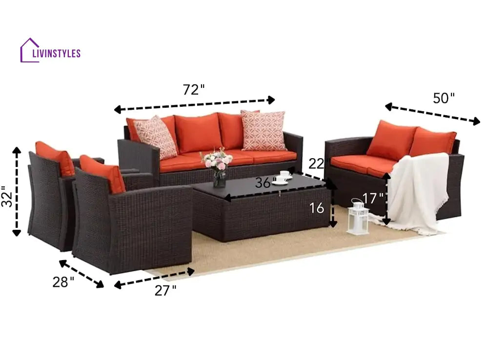 Yash 5-Piece Rattan Sofa Set (Dark Brown And Red)