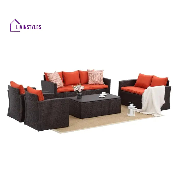 Yash 5-Piece Rattan Sofa Set (Dark Brown And Red)