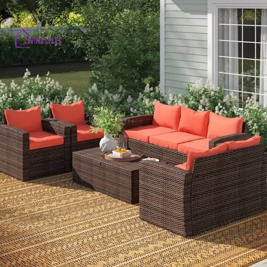 Yash 5-Piece Rattan Sofa Set (Dark Brown And Red)