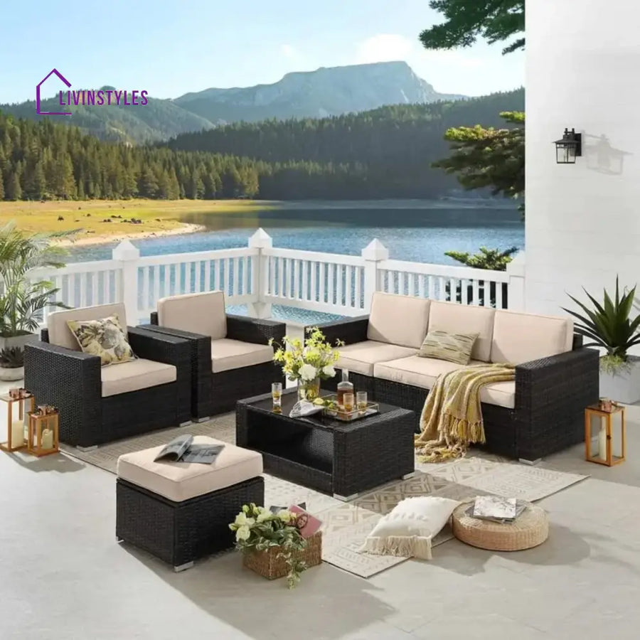 Yashasvi Outdoor 5 Piece HDPE Wicker Conversation Sofa Set - Sofa Set