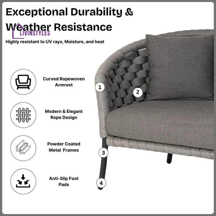 Yasmeen Outdoor Grey Rope 4 Piece Patio Sofa Set with Dark Grey Cushions - Sofa Set