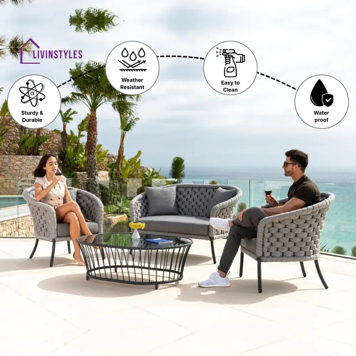 Yasmeen Outdoor Grey Rope 4 Piece Patio Sofa Set with Dark Grey Cushions - Sofa Set