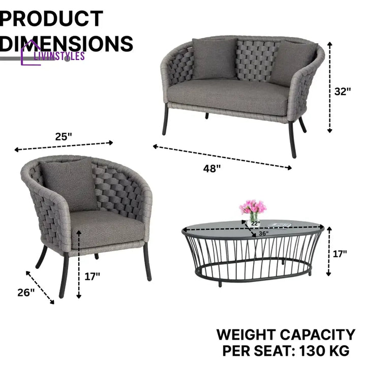Yasmeen Outdoor Grey Rope 4 Piece Patio Sofa Set with Dark Grey Cushions - Sofa Set