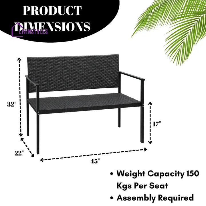 Yasmin 2-Seater Outdoor Garden Rattan Bench With Metal Frames - Garden Bench