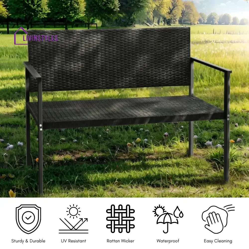 Yasmin 2-Seater Outdoor Garden Rattan Bench With Metal Frames - Garden Bench