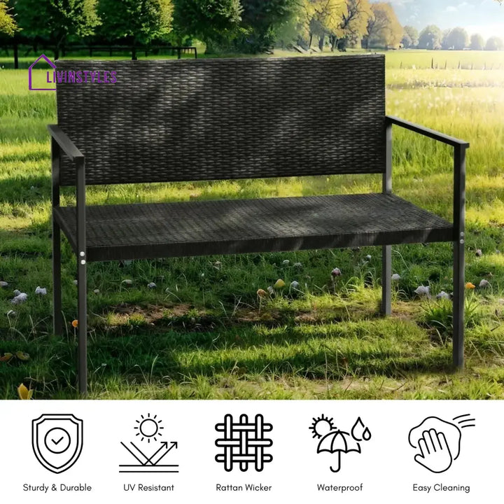 Yasmin 2-Seater Outdoor Garden Rattan Bench With Metal Frames - Garden Bench