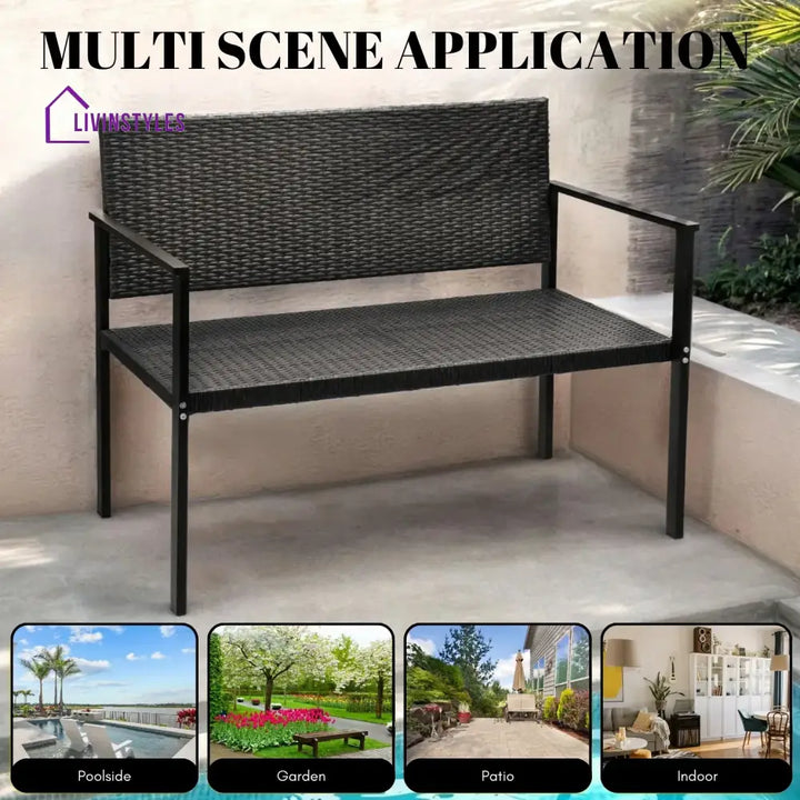 Yasmin 2-Seater Outdoor Garden Rattan Bench With Metal Frames - Garden Bench