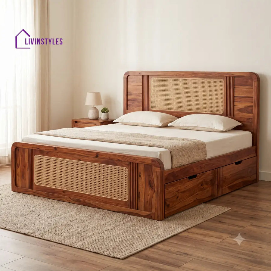 Yasmine Premium Wooden Bed with Drawer Storage | King Size Bed & Queen Size Bed Online