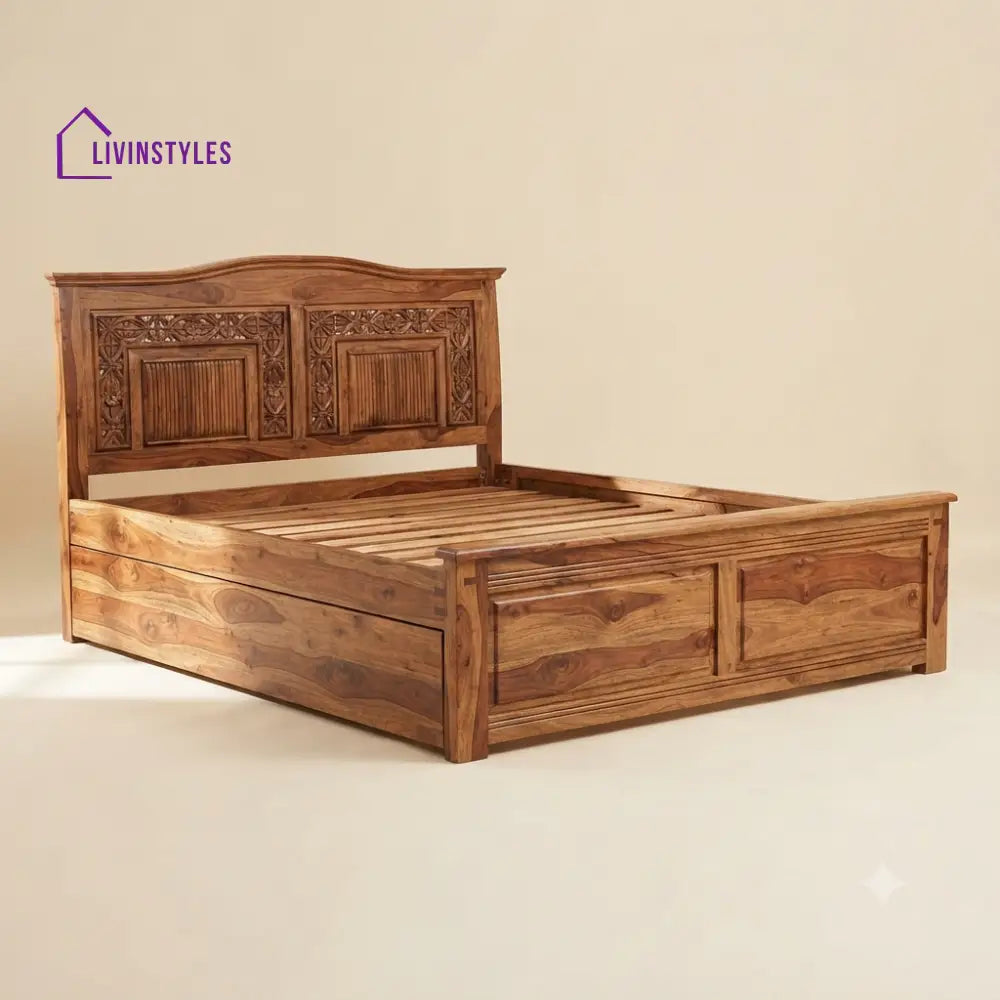 Yazhini Sheesham Wood Bed With Box Storage | Wooden Bed