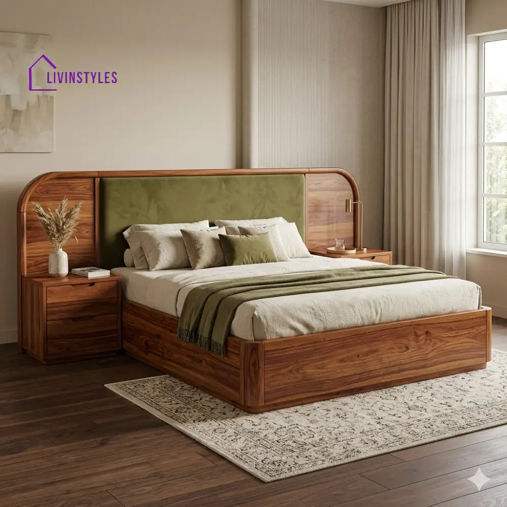 Yelena Premium Sheesham Wood Bed with Velvet Headboard