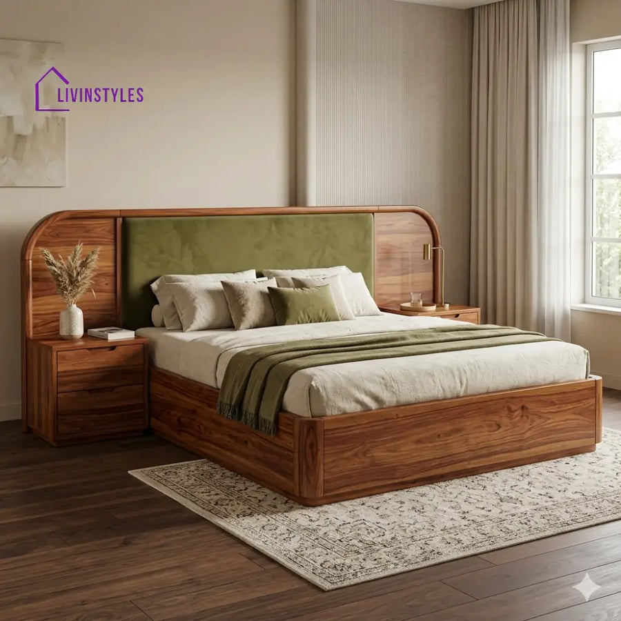 Yelena Premium Sheesham Wood Bed with Velvet Headboard