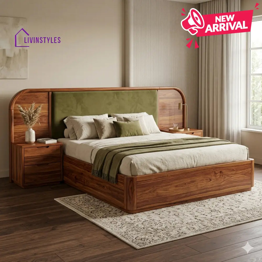Yelena Premium Sheesham Wood Bed with Velvet Headboard