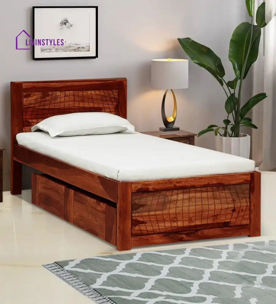 Harmonia Sheesham Wood Single Bed With Storage Honey Bedroom Furniture Sets