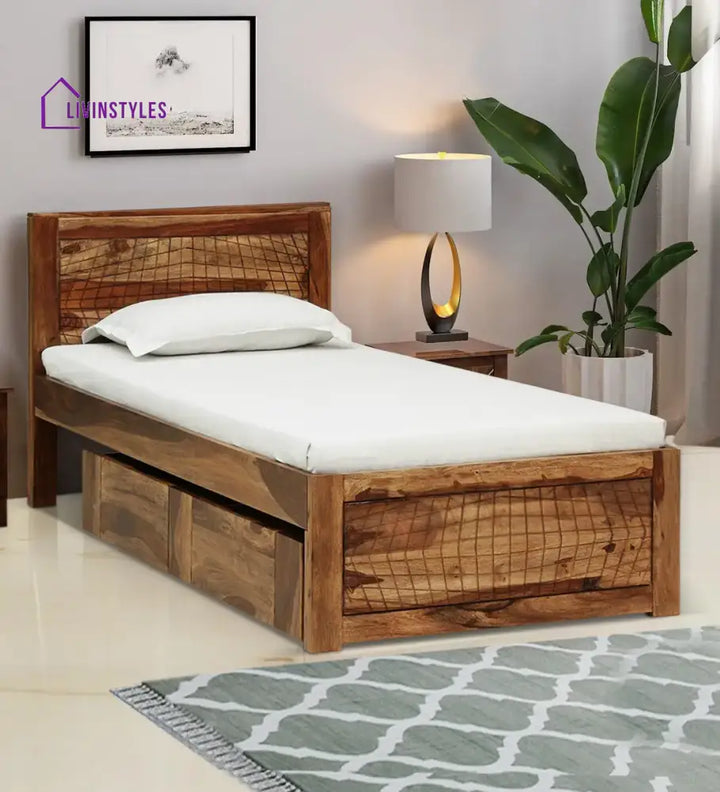 Harmonia Sheesham Wood Single Bed With Storage Natural Bedroom Furniture Sets