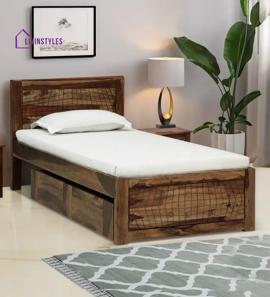 Harmonia Sheesham Wood Single Bed With Storage Teak Bedroom Furniture Sets