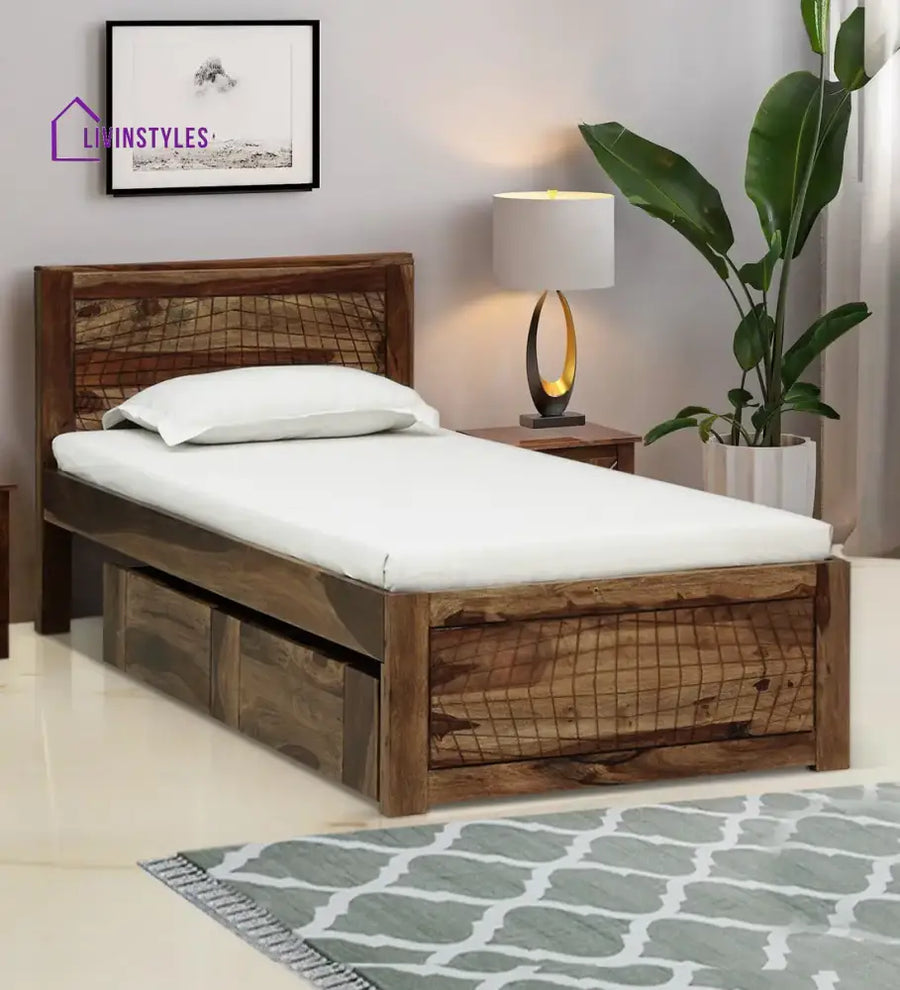 Harmonia Sheesham Wood Single Bed With Storage Teak Bedroom Furniture Sets