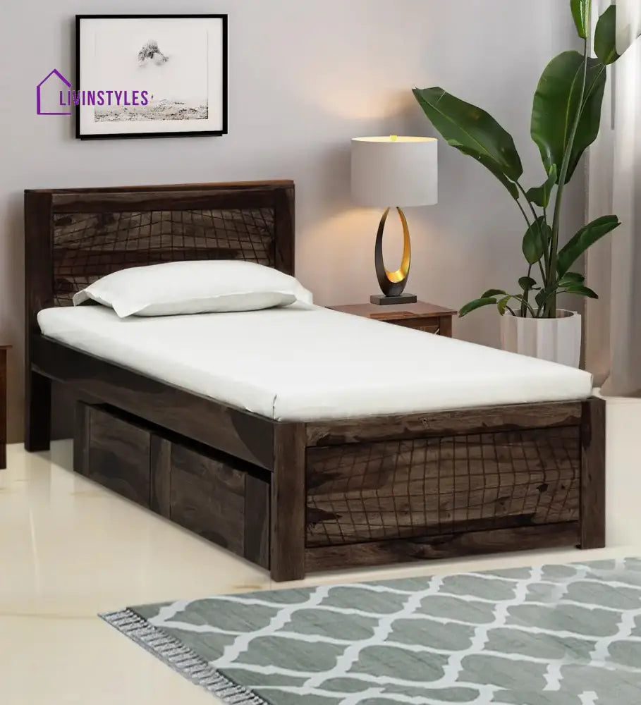 Harmonia Sheesham Wood Single Bed With Storage Walnut Bedroom Furniture Sets