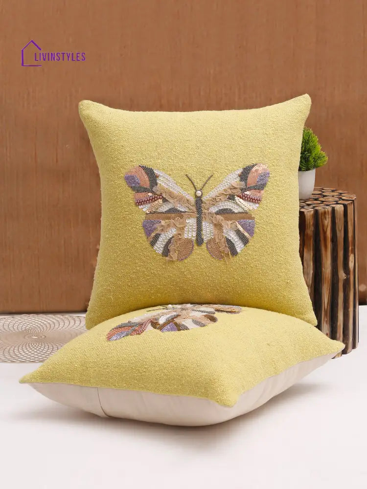Yellow Color Cotton Hand Work Cushion Cover Set Of 2 (18X18 Inch)