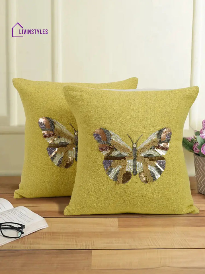 Yellow Color Cotton Hand Work Cushion Cover Set Of 2 (18X18 Inch)