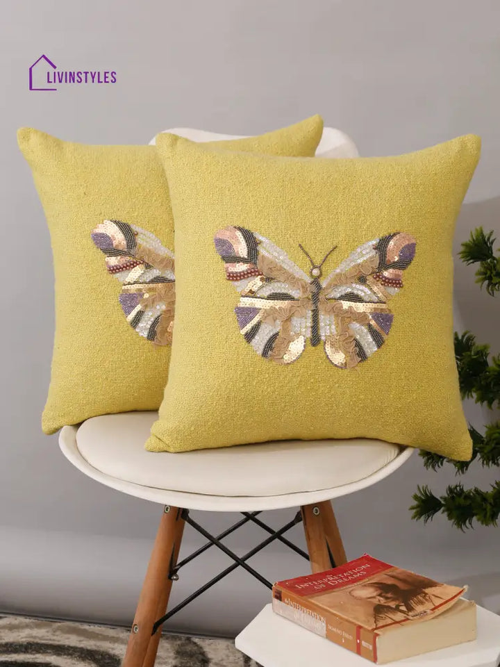 Yellow Color Cotton Hand Work Cushion Cover Set Of 2 (18X18 Inch)