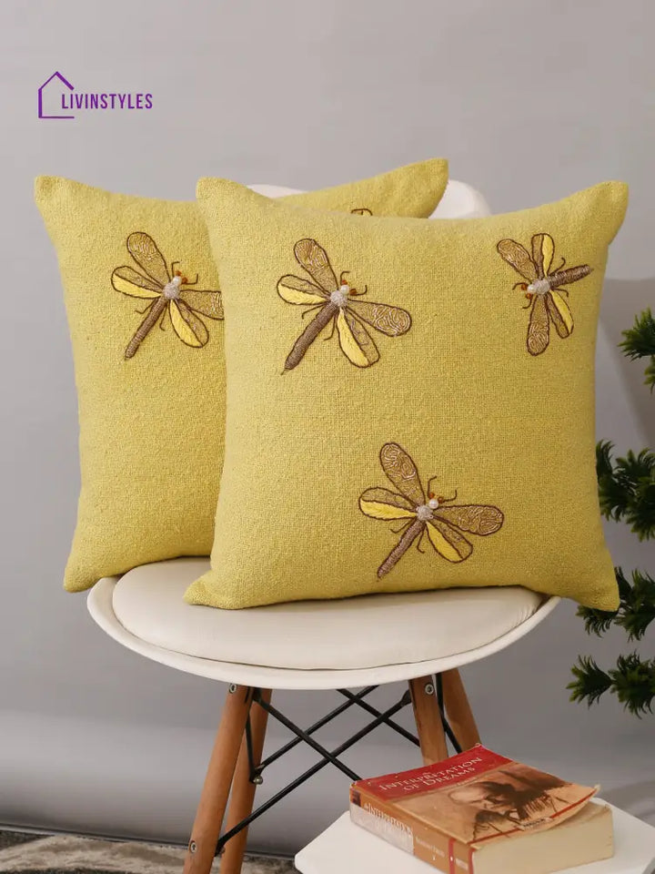 Yellow Color Cotton Hand Work Cushion Cover Set Of 2 (18X18 Inch)
