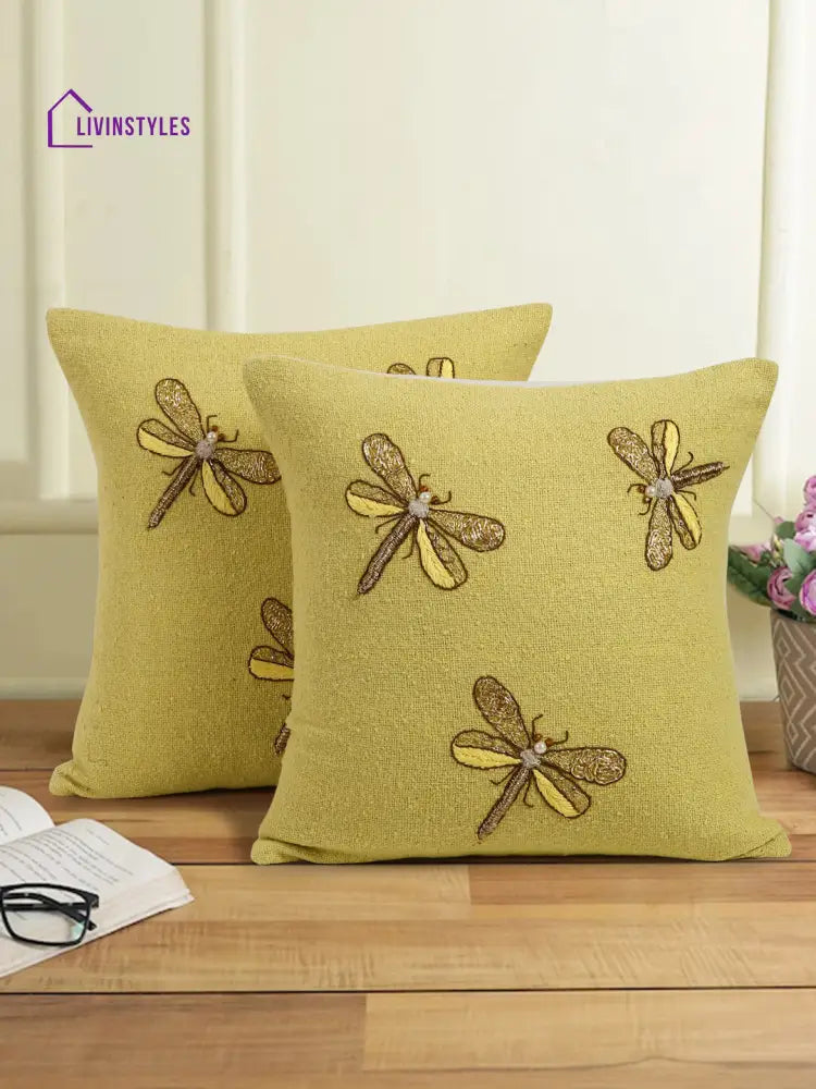 Yellow Color Cotton Hand Work Cushion Cover Set Of 2 (18X18 Inch)