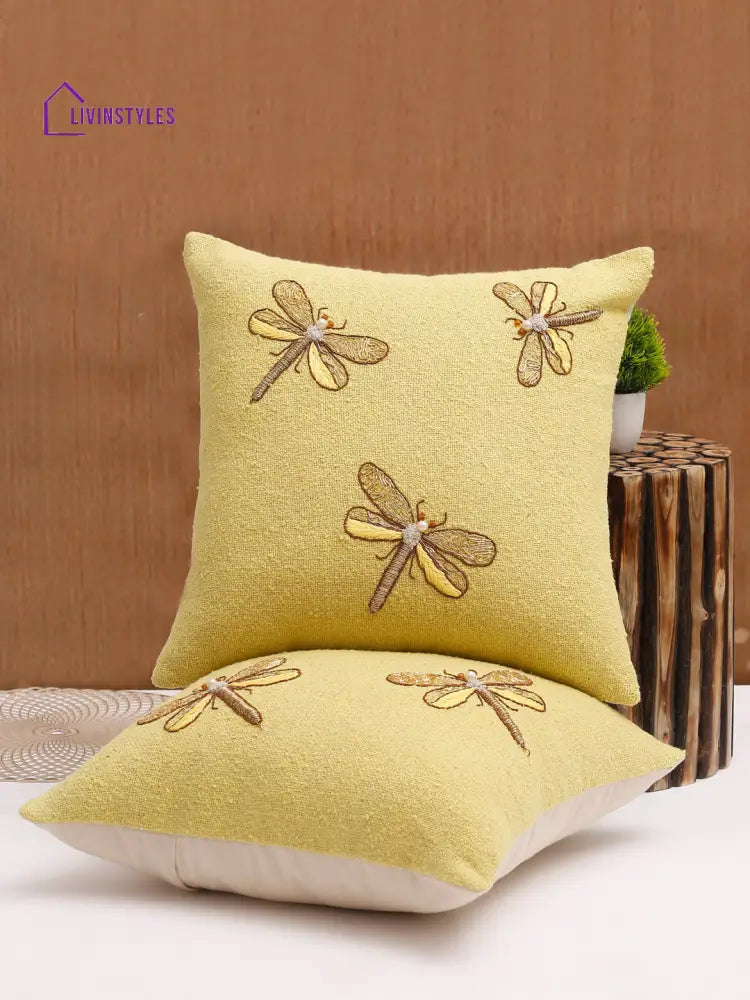 Yellow Color Cotton Hand Work Cushion Cover Set Of 2 (18X18 Inch)