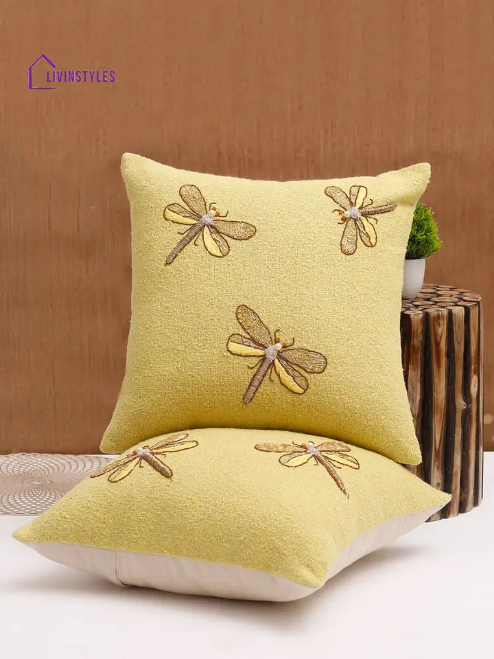 Yellow Color Cotton Hand Work Cushion Cover Set Of 2 (18X18 Inch)