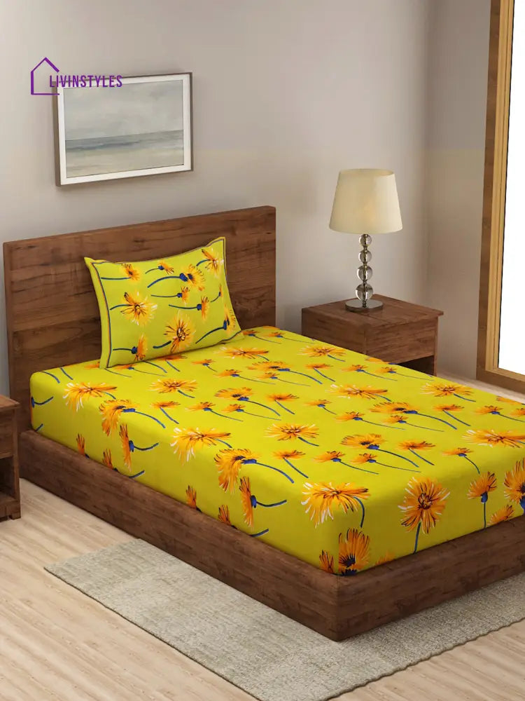 Yellow Color Floral Print Cotton Single Bed Sheet With 1 Pillow Cover Sheet