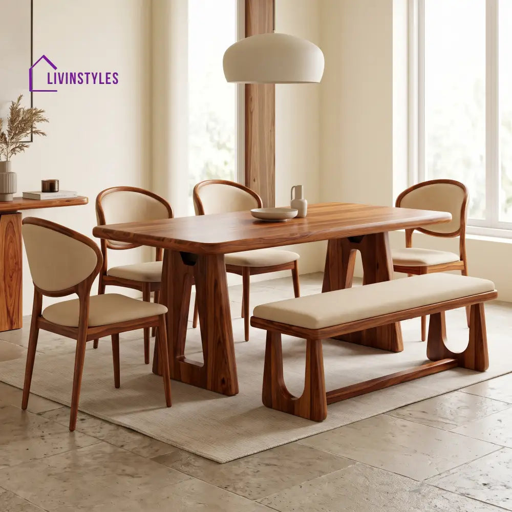 Yetunde Wooden 6 Seater Dining Table Set | 4 Chairs and 1 Bench | Table 72 X 36 X 30 Inch