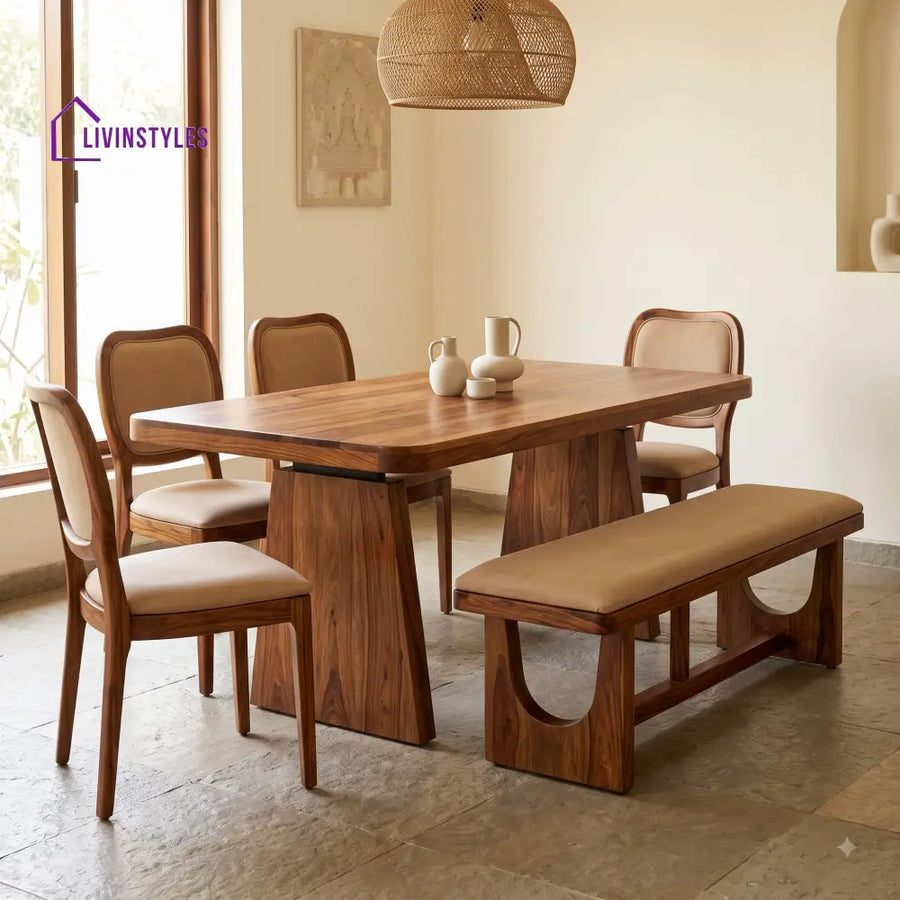 Yewande Wooden 6 Seater Dining Table Set | 4 Chairs and 1 Bench | Table 72 X 36 X 30 Inch