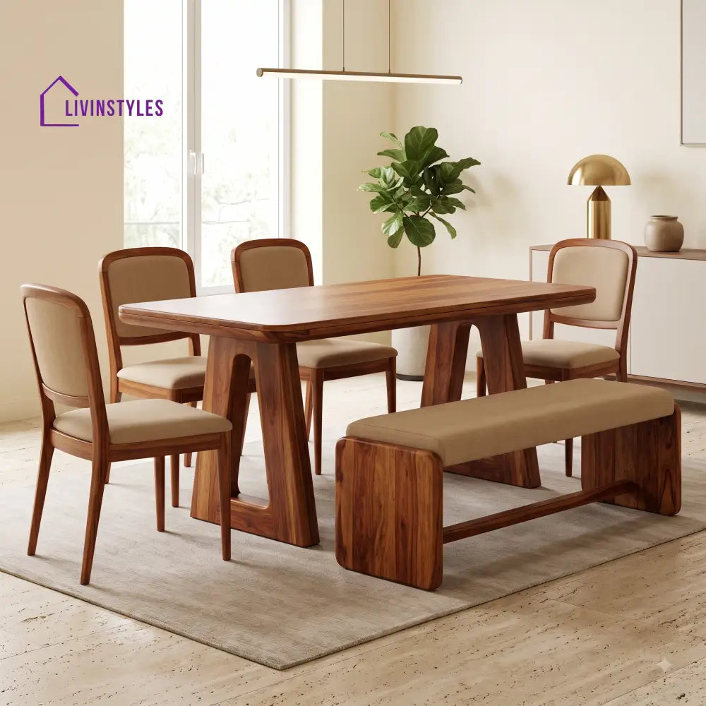Yinka Wooden 6 Seater Dining Table Set | 4 Chairs and 1 Bench | Table 72 X 36 X 30 Inch