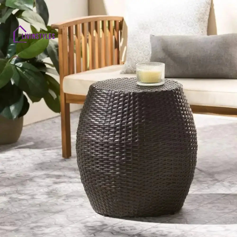 Yui Dark Brown Rattan Damru Accent Table for Patio - Table