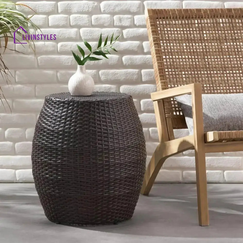 Yui Dark Brown Rattan Damru Accent Table for Patio - Table